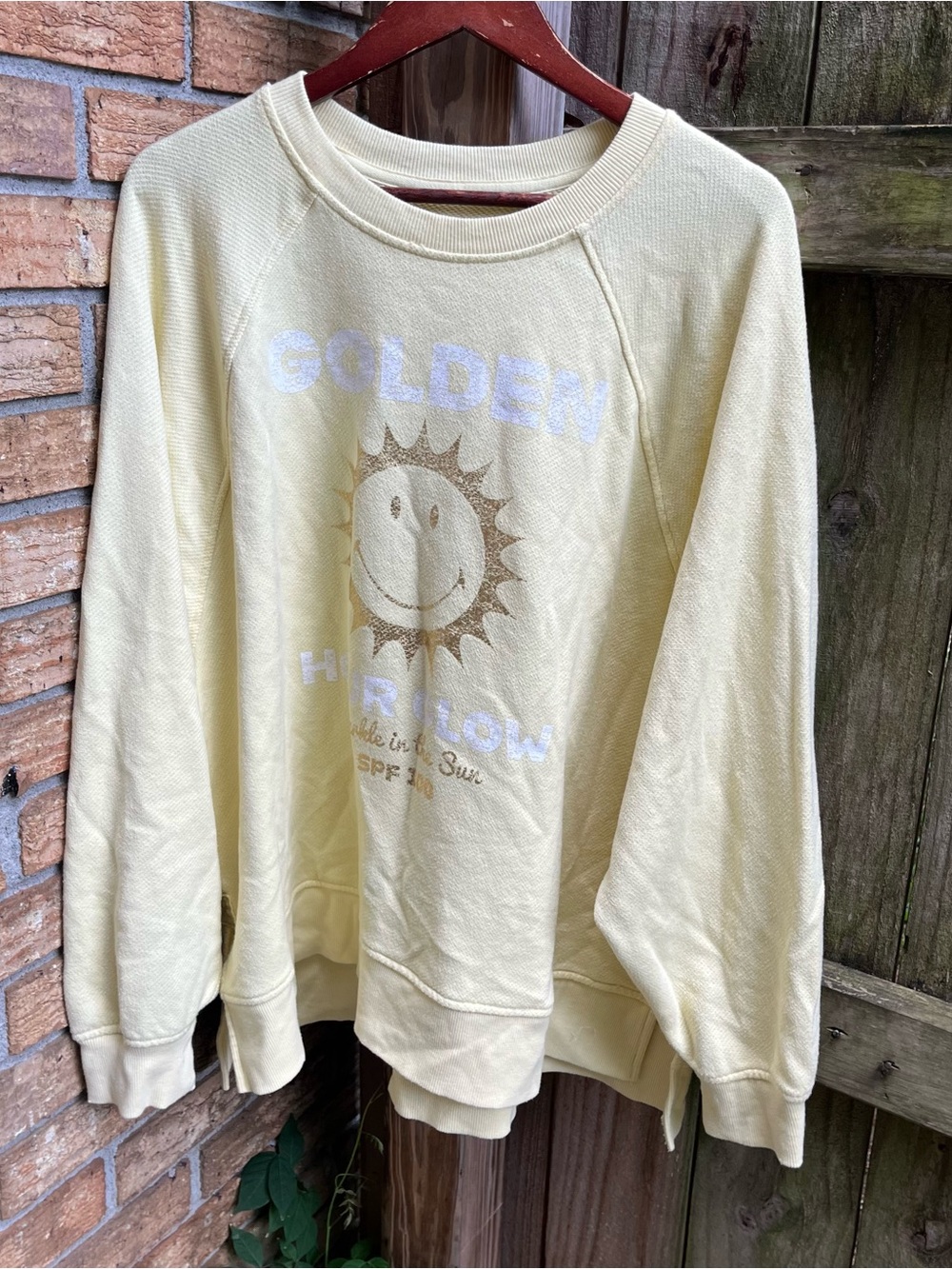 Aerie Oversized Pale Yellow Crewneck Sweatshirt with Sun Graphic